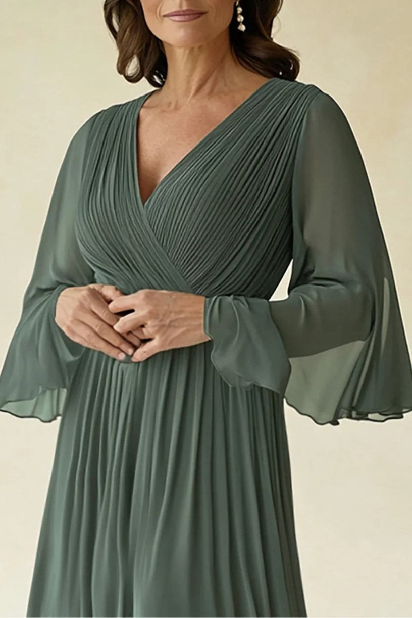 Elegant Agave Chiffon Pleated V Neck Flare Sleeves Full Length Mother of The Bride Dress
