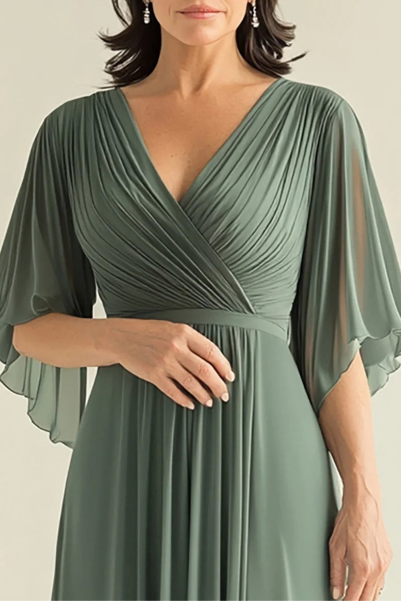 Elegant Agave Chiffon Pleated V Neck Flare Sleeves Full Length Mother of The Bride Dress