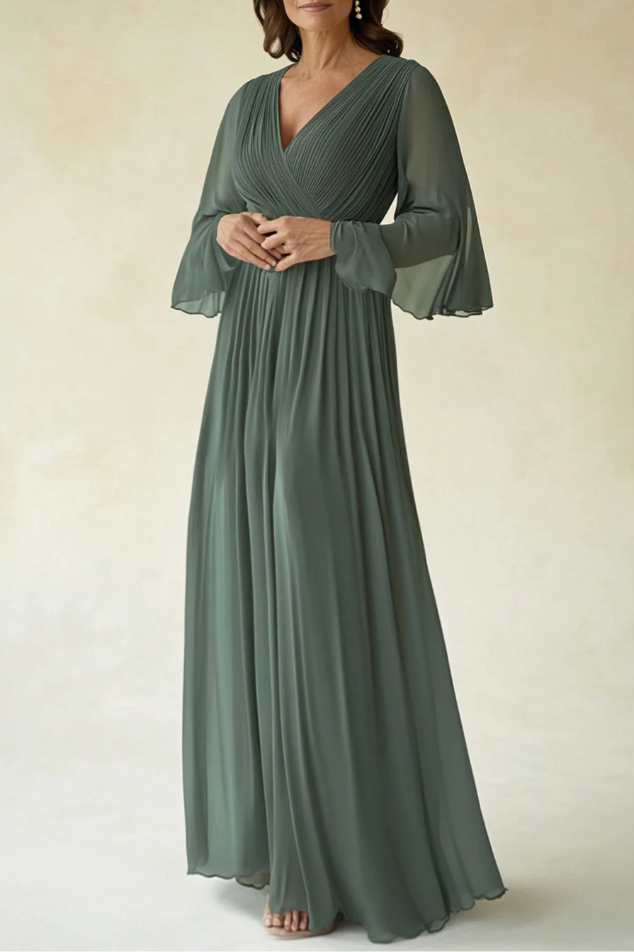 Elegant Agave Chiffon Pleated V Neck Flare Sleeves Full Length Mother of The Bride Dress