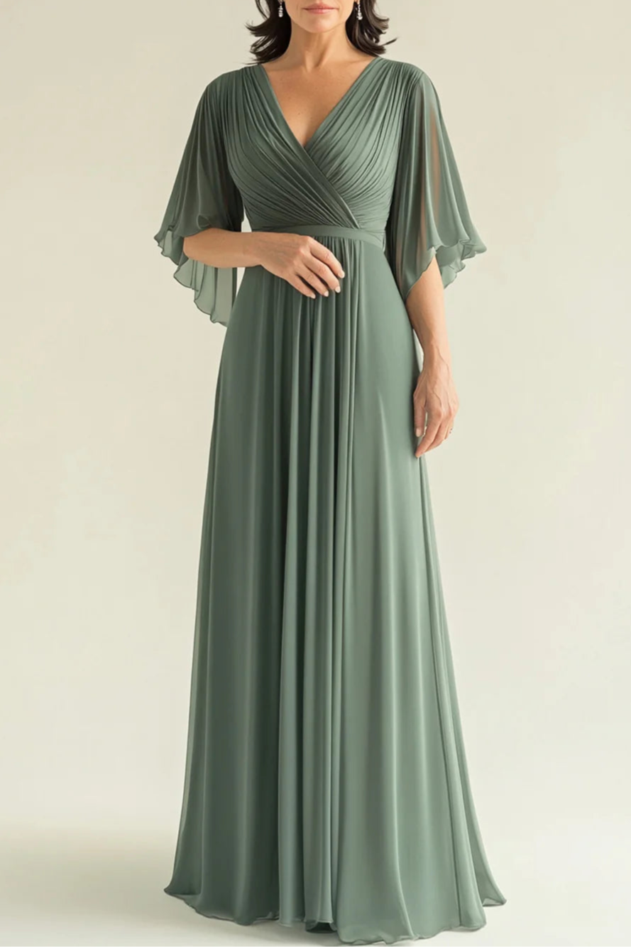 Elegant Agave Chiffon Pleated V Neck Flare Sleeves Full Length Mother of The Bride Dress