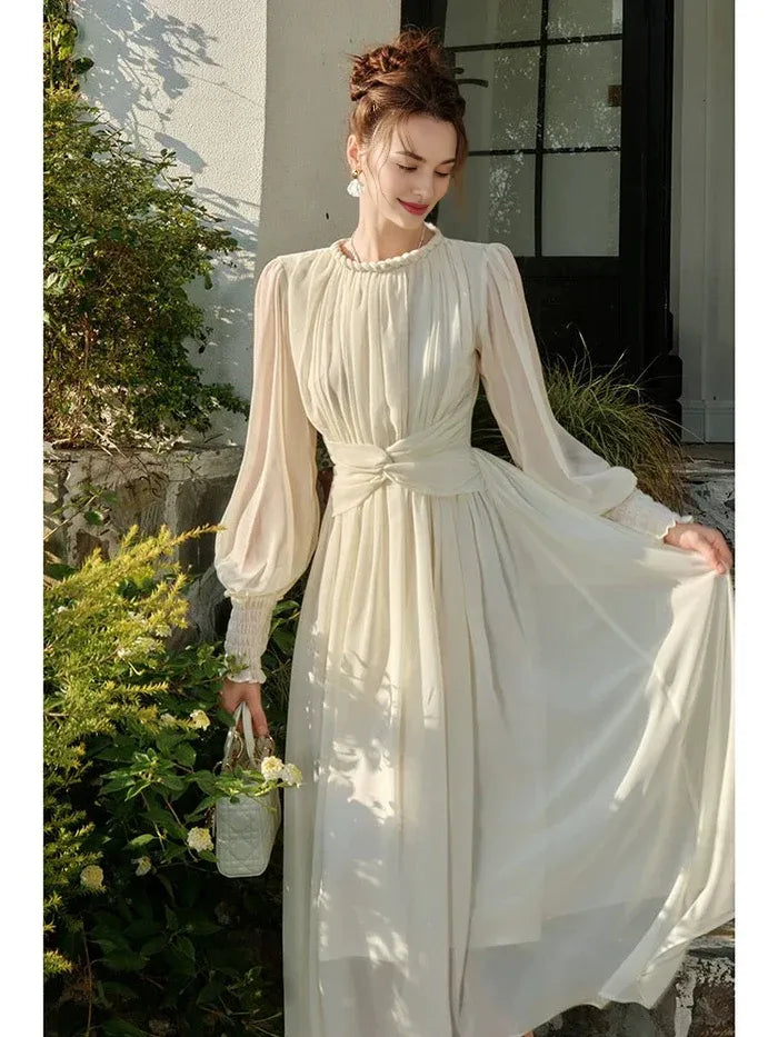 Elegant A line Scoop Neck Chiffon Off White Long Evening Dress Prom Dress
