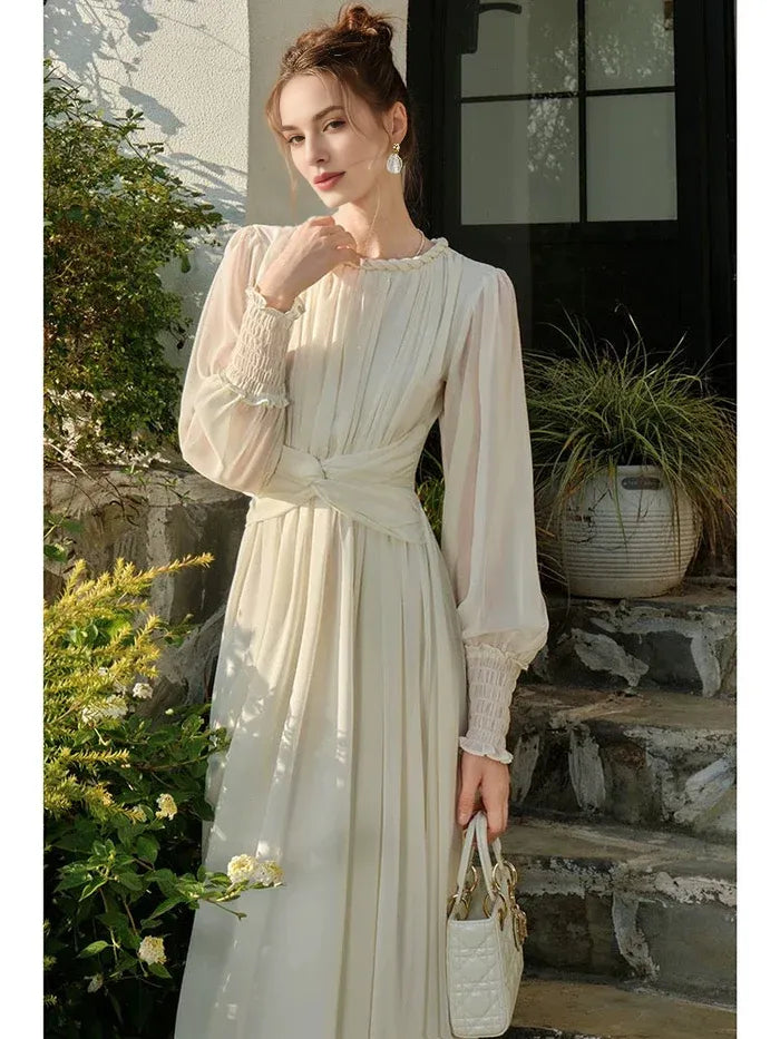 Elegant A line Scoop Neck Chiffon Off White Long Evening Dress Prom Dress