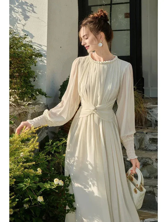 Elegant A line Scoop Neck Chiffon Off White Long Evening Dress Prom Dress