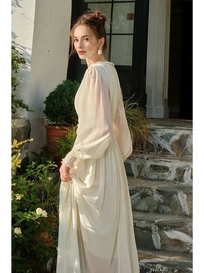Elegant A line Scoop Neck Chiffon Off White Long Evening Dress Prom Dress