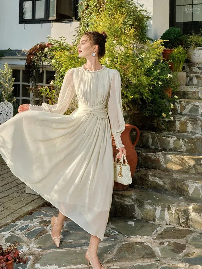 Elegant A line Scoop Neck Chiffon Off White Long Evening Dress Prom Dress