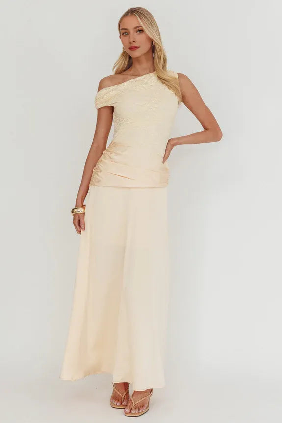 Elegant Asymmetric Shoulder Pleat Waist Lace Blush Maxi Prom Dress
