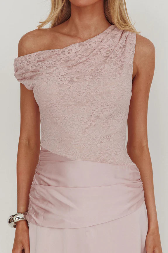 Elegant Asymmetric Shoulder Pleat Waist Lace Blush Maxi Prom Dress
