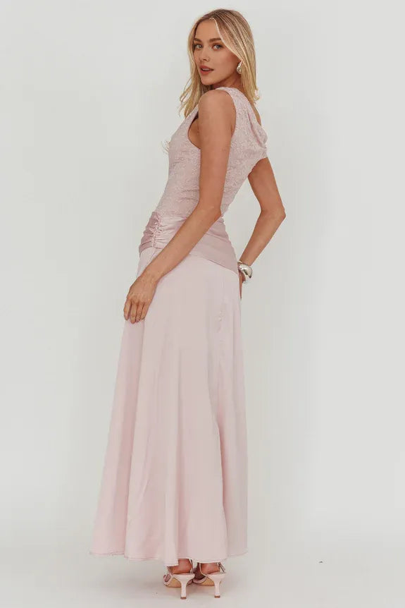 Elegant Asymmetric Shoulder Pleat Waist Lace Blush Maxi Prom Dress