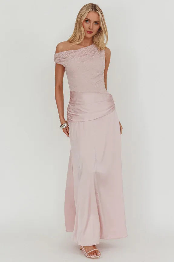 Elegant Asymmetric Shoulder Pleat Waist Lace Blush Maxi Prom Dress