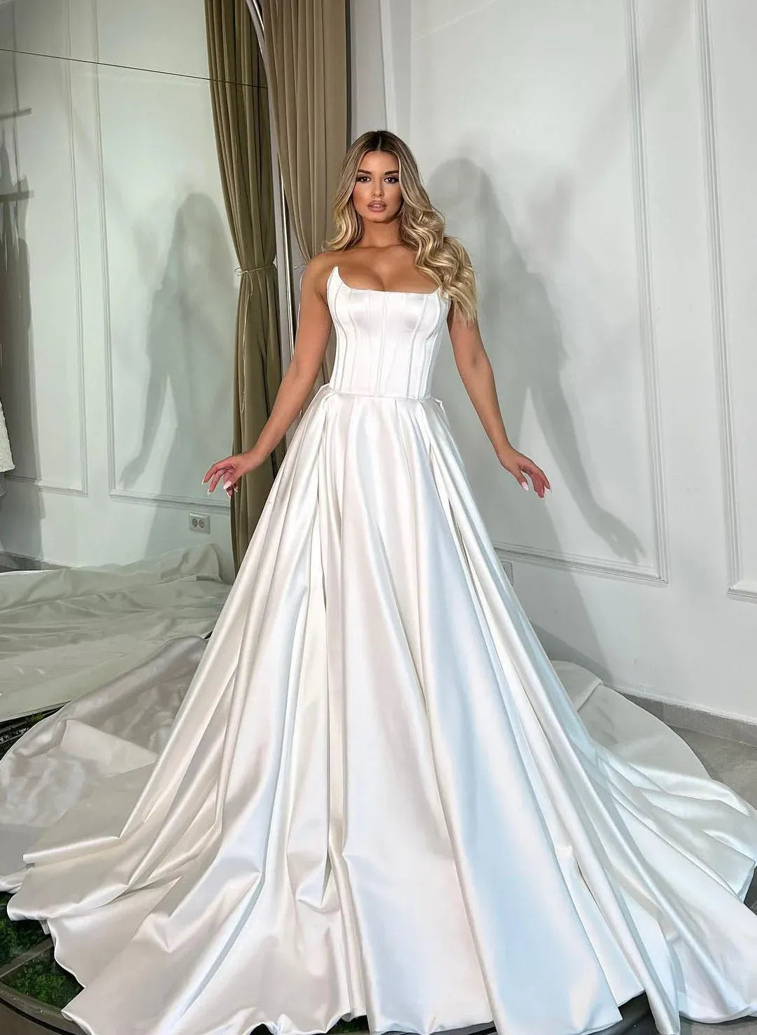 Elegant Ball-Gown Strapless Corset Lace Up Back Satin White Prom Dress With Sweep Train