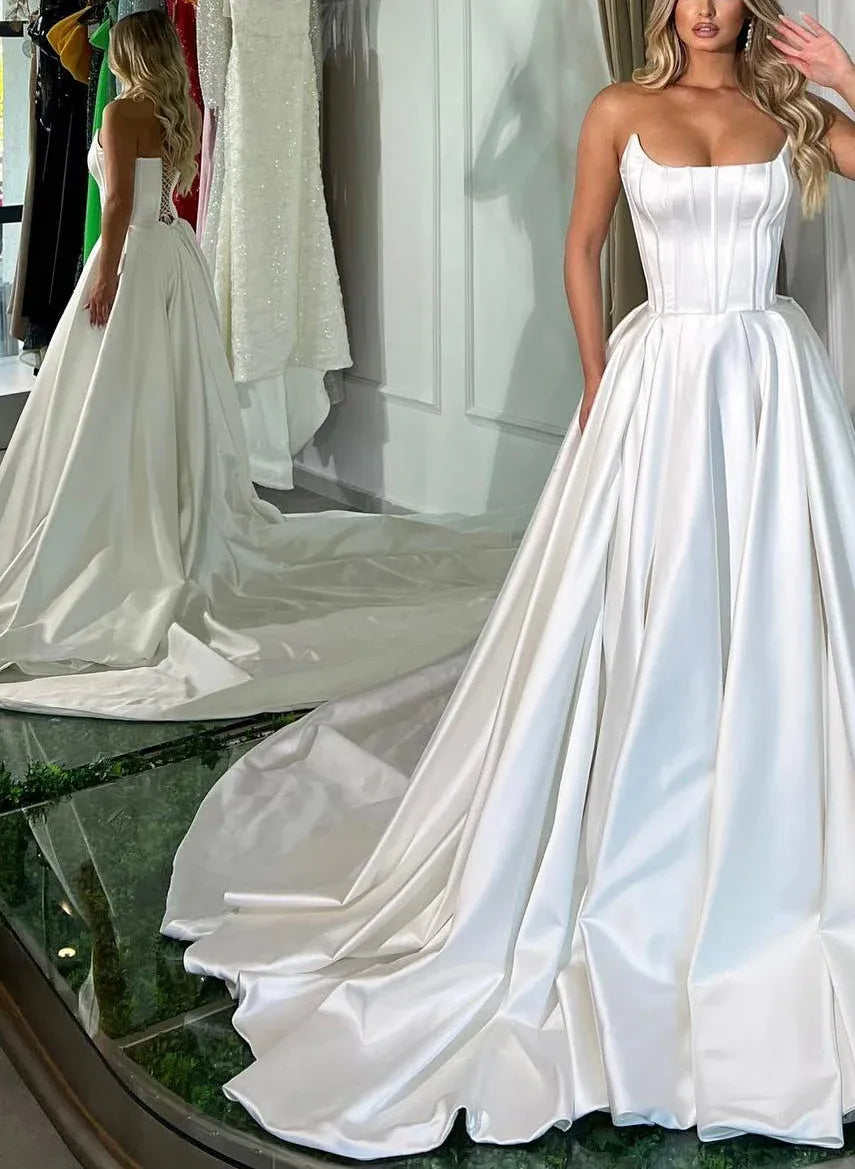 Elegant Ball-Gown Strapless Corset Lace Up Back Satin White Prom Dress With Sweep Train