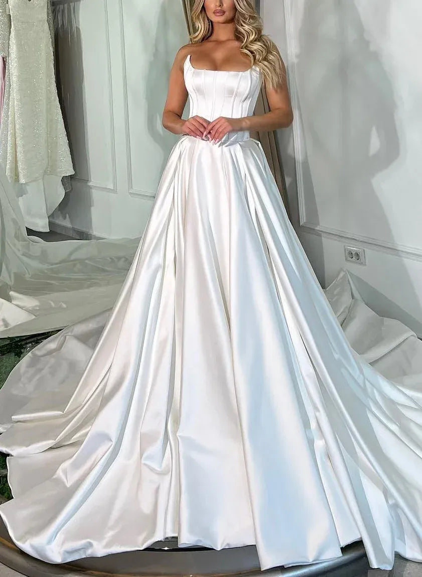 Elegant Ball-Gown Strapless Corset Lace Up Back Satin White Prom Dress With Sweep Train