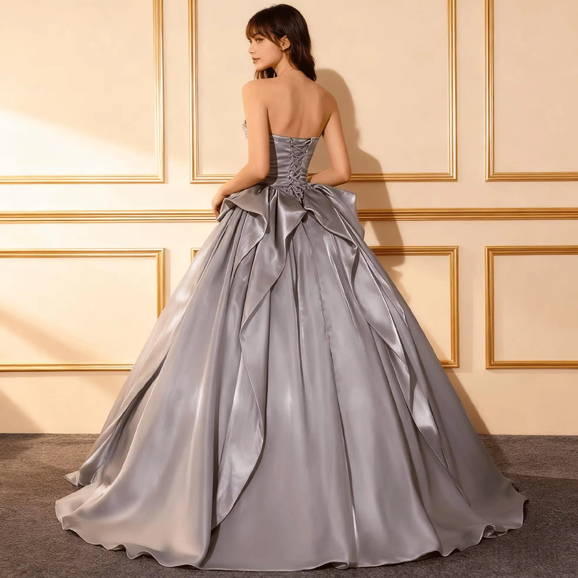 Elegant Ball-Gown Strapless Ruched Draped Grey Floor Length Prom Dress Buy