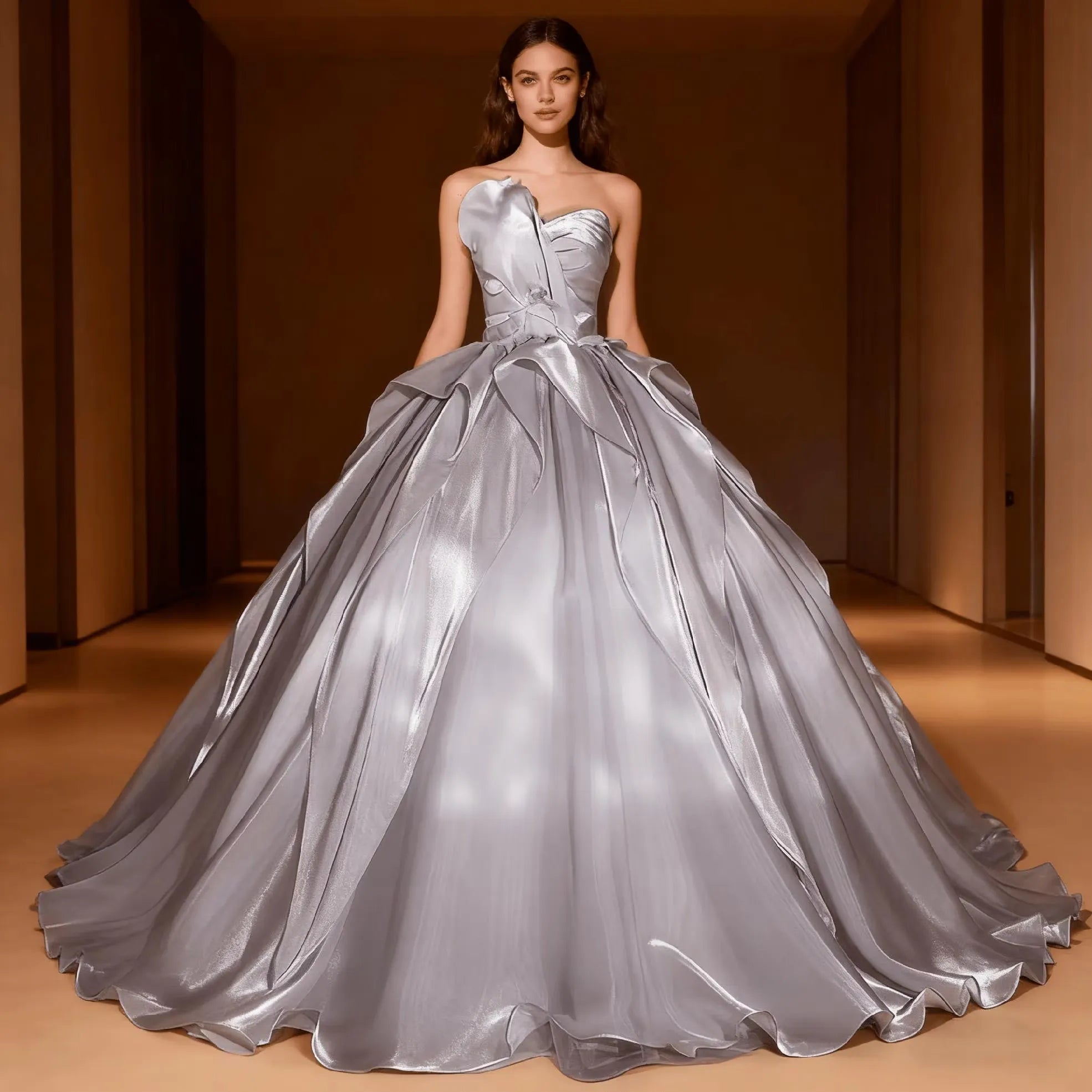 Elegant Ball-Gown Strapless Ruched Draped Grey Floor Length Prom Dress Buy