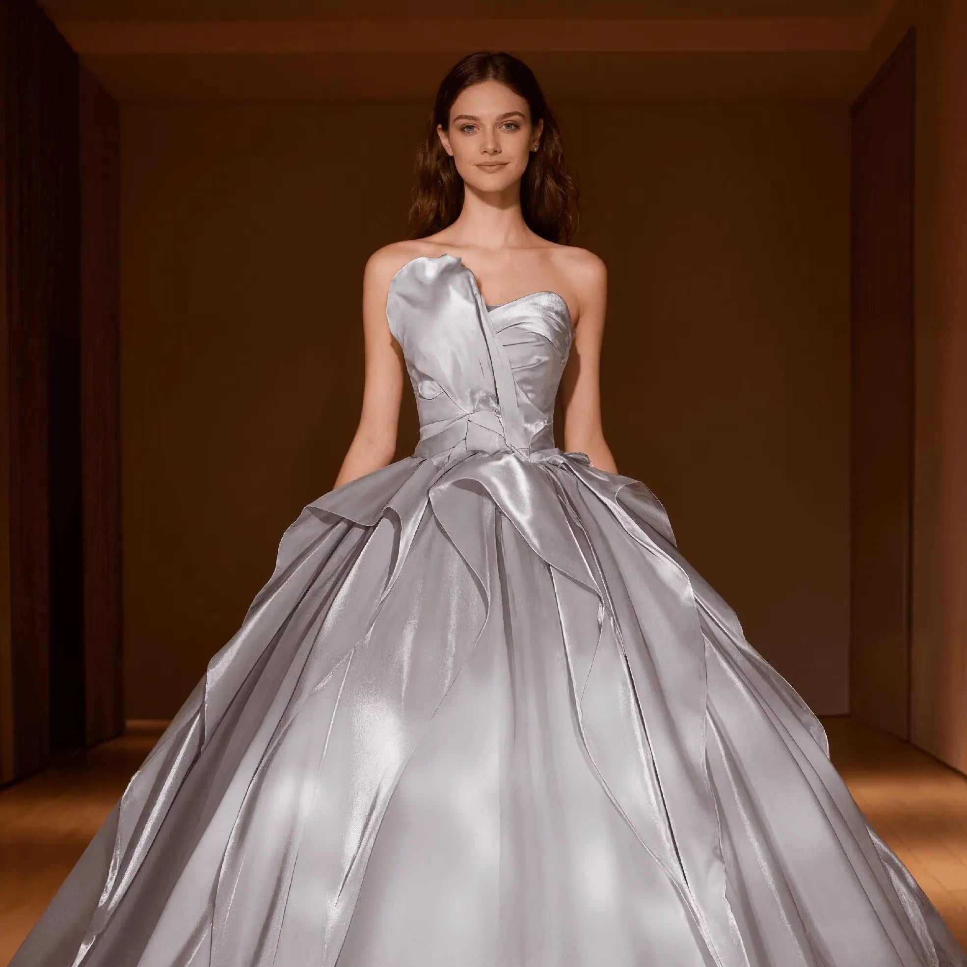 Elegant Ball-Gown Strapless Ruched Draped Grey Floor Length Prom Dress Buy
