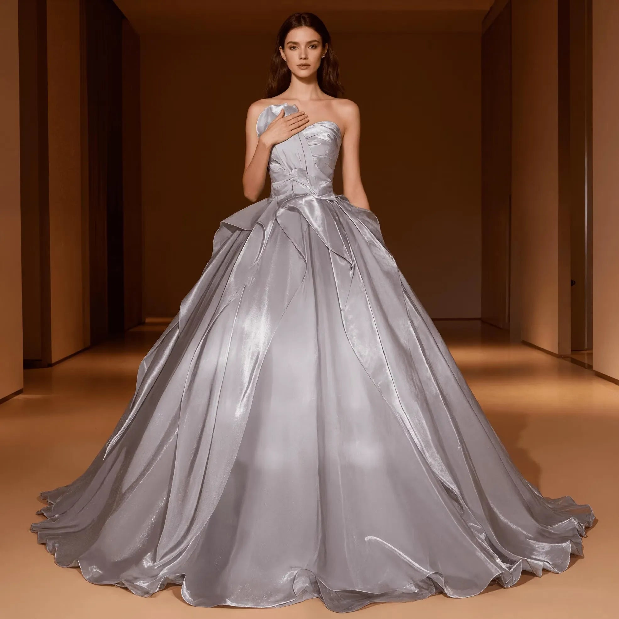 Elegant Ball-Gown Strapless Ruched Draped Grey Floor Length Prom Dress Buy