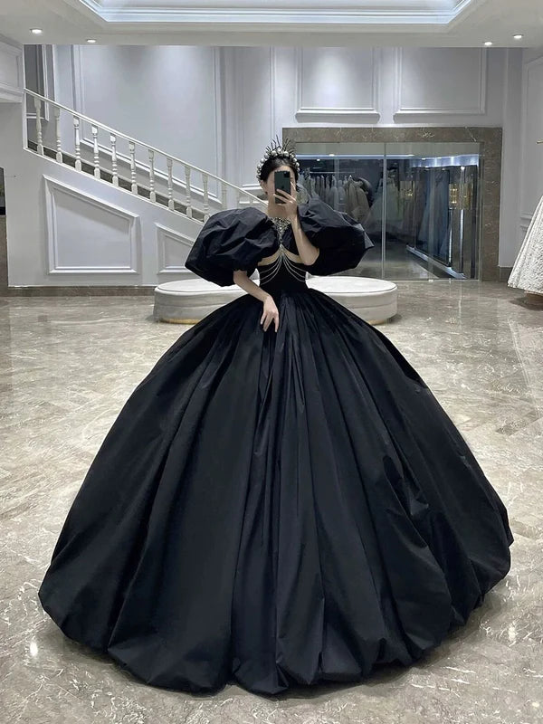 Elegant Ball Gown Black Satin Puff Short Sleeves Beads Long Prom Dresses With Rhinestones