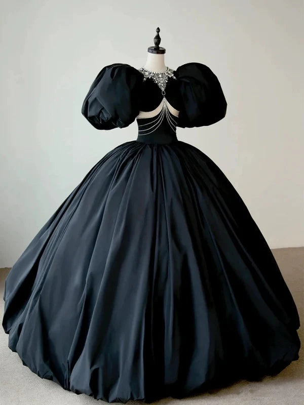 Elegant Ball Gown Black Satin Puff Short Sleeves Beads Long Prom Dresses With Rhinestones