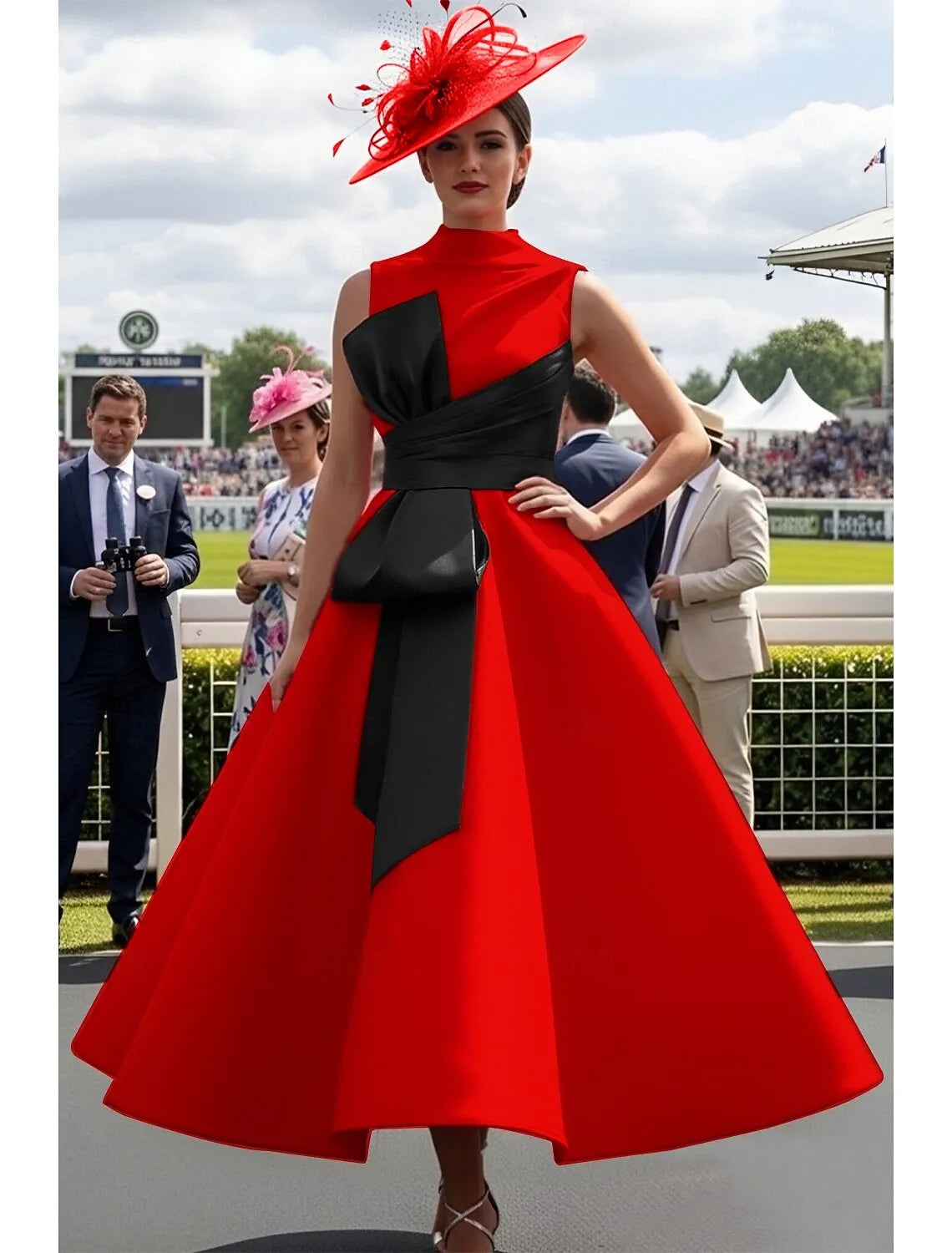Elegant A-line High Neck Bow Red Tea Length Prom Dress For Women For Sale