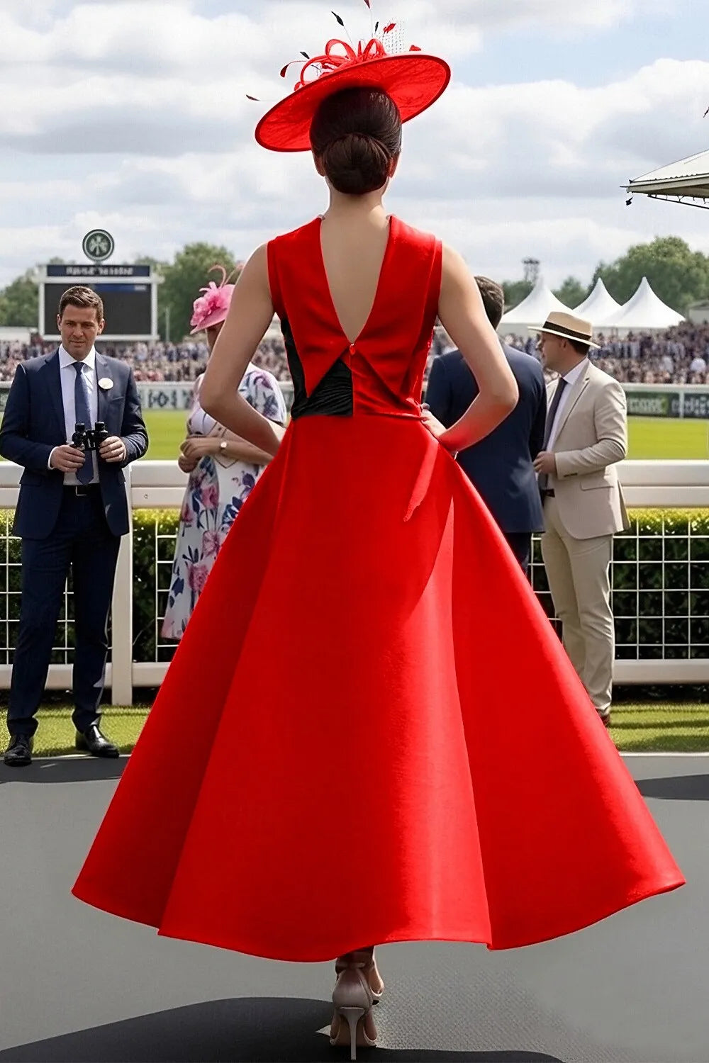 Elegant A-line High Neck Bow Red Tea Length Prom Dress For Women For Sale