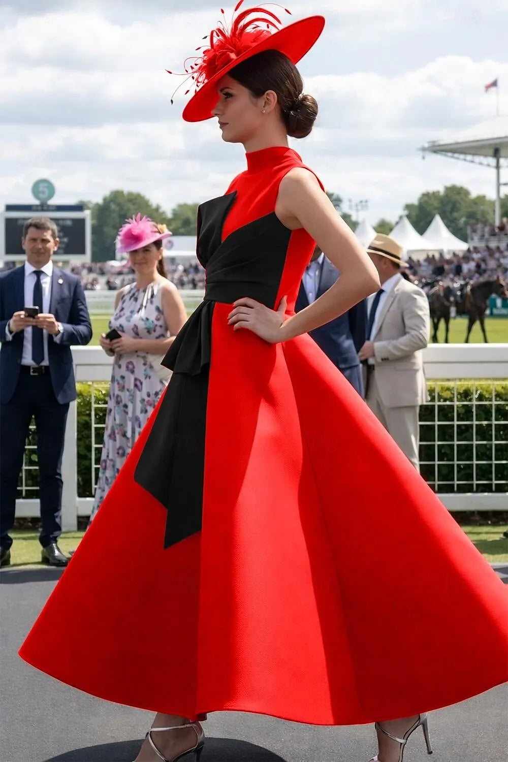 Elegant A-line High Neck Bow Red Tea Length Prom Dress For Women For Sale