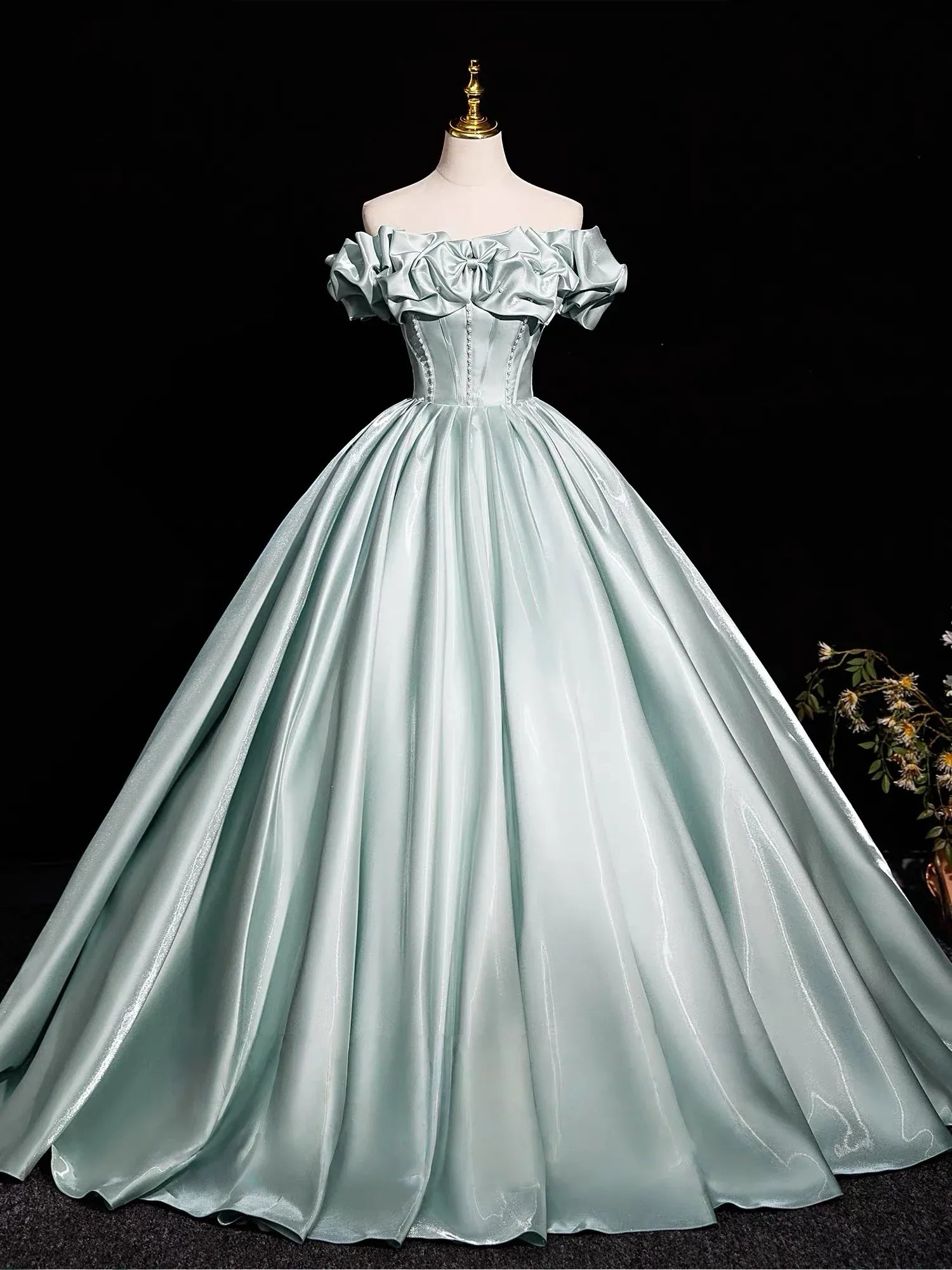 Elegant Ball Gown Off Shoulder Bow Beaded Detail Mint Long Prom Dresses