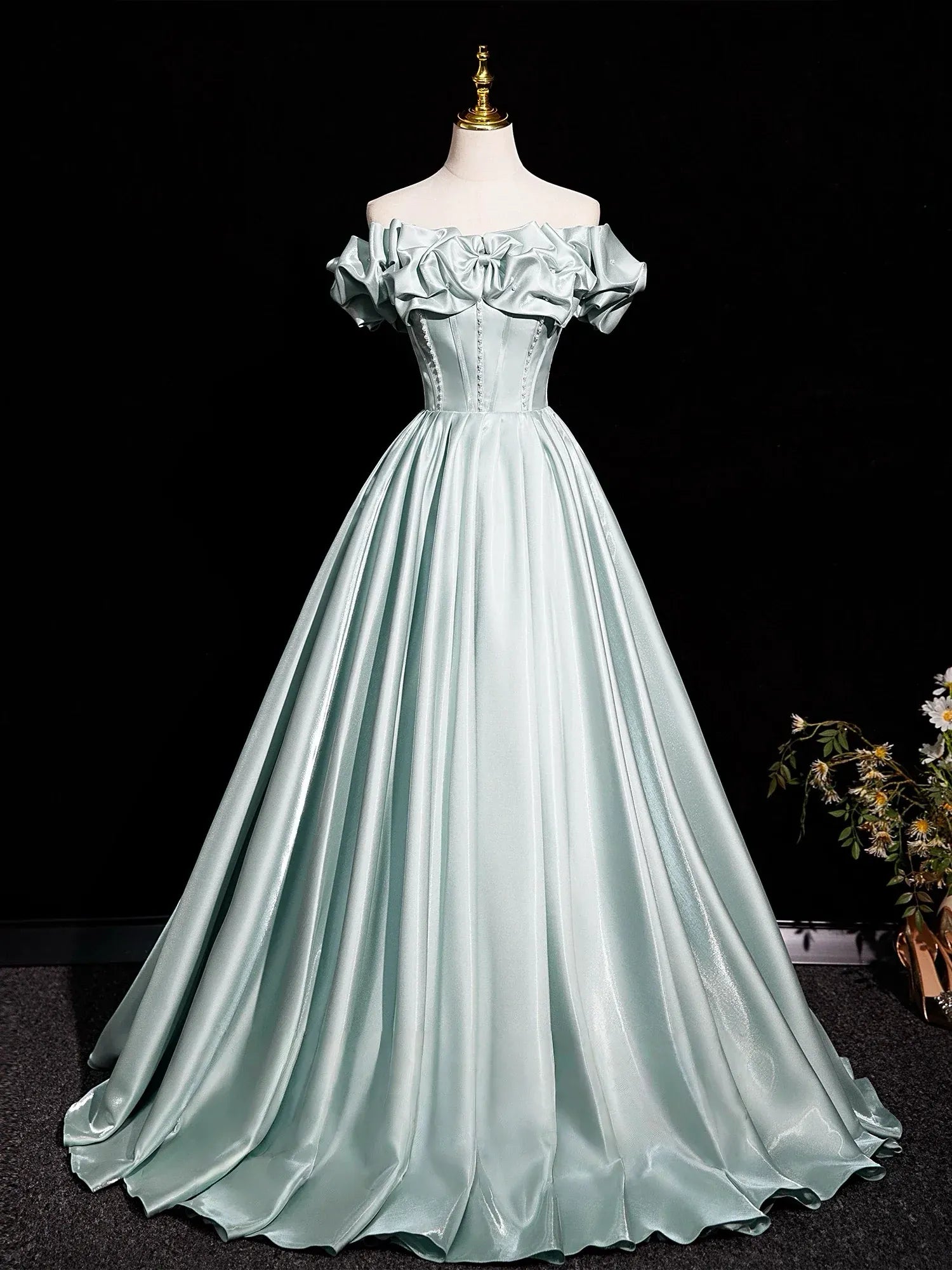 Elegant Ball Gown Off Shoulder Bow Beaded Detail Mint Long Prom Dresses