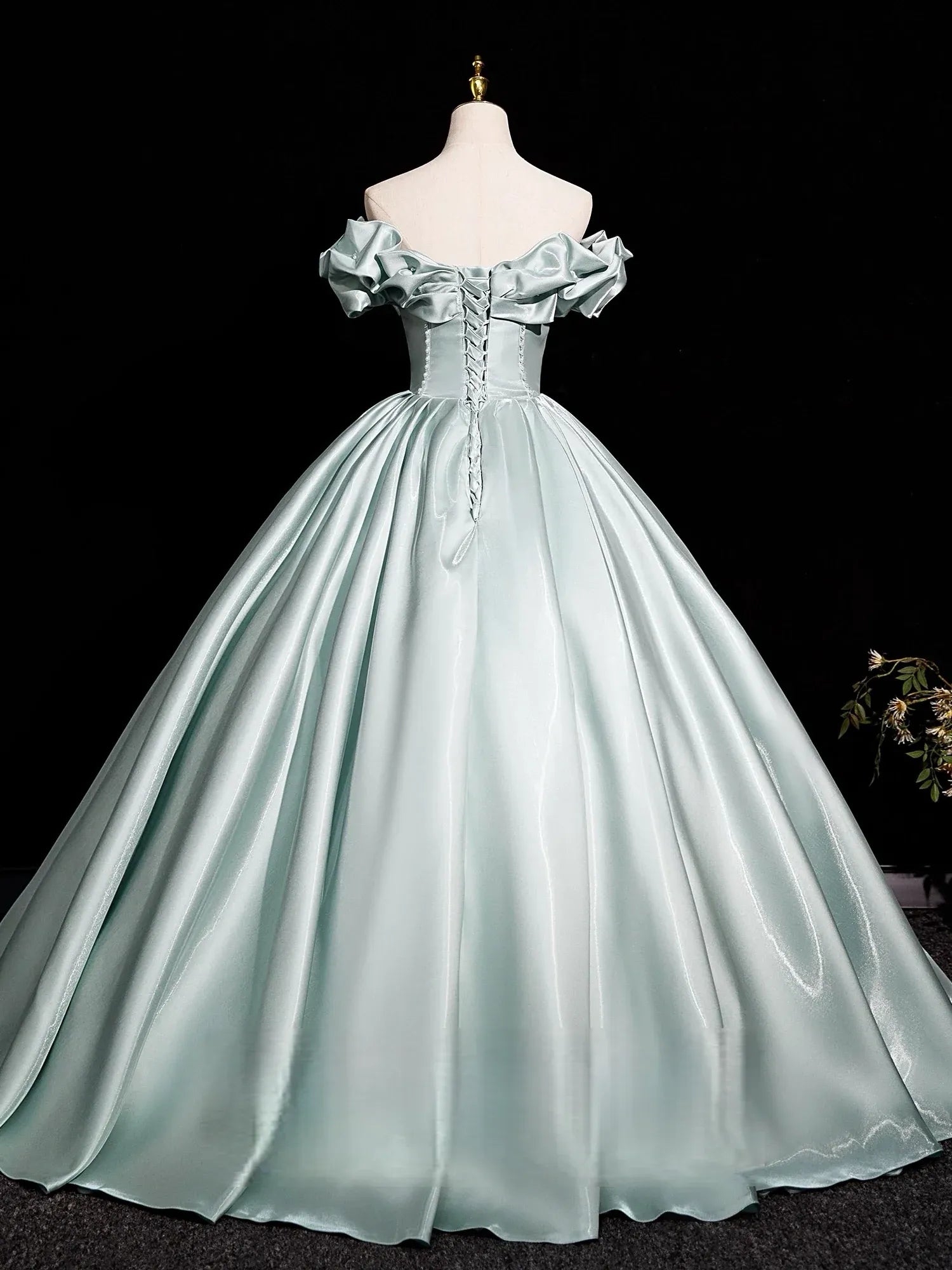 Elegant Ball Gown Off Shoulder Bow Beaded Detail Mint Long Prom Dresses