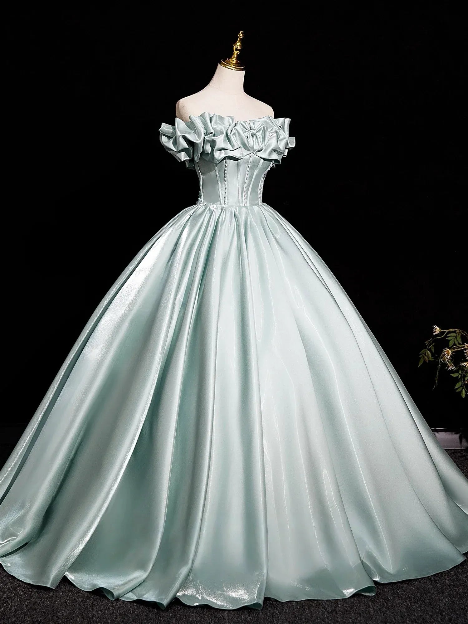 Elegant Ball Gown Off Shoulder Bow Beaded Detail Mint Long Prom Dresses