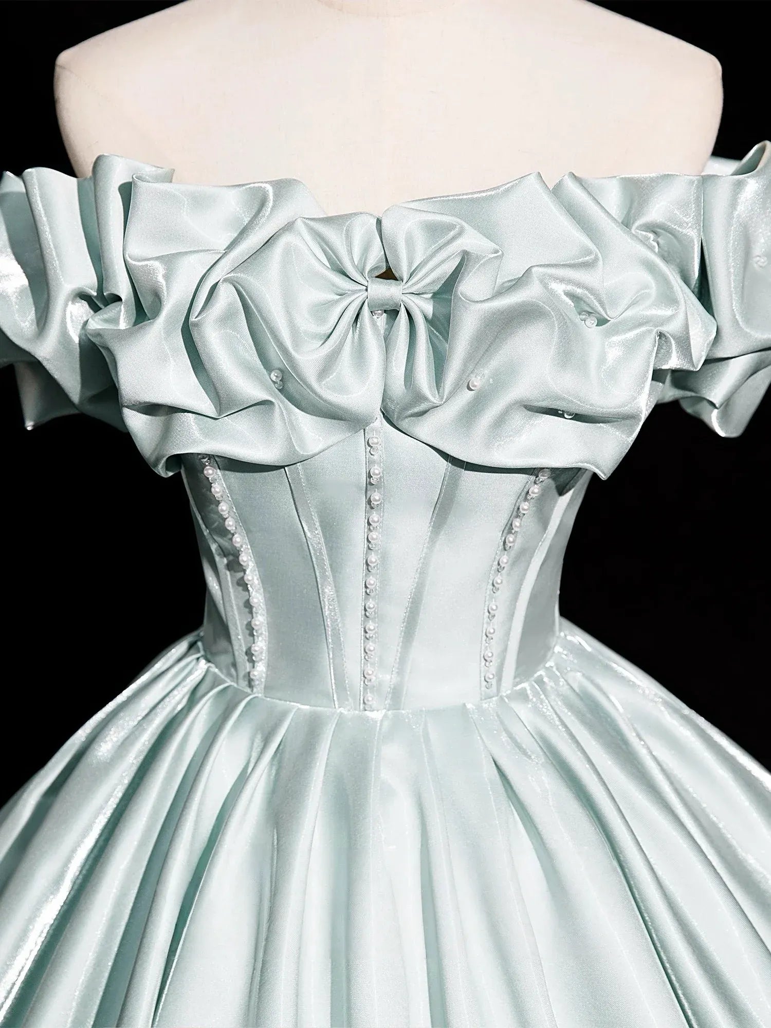 Elegant Ball Gown Off Shoulder Bow Beaded Detail Mint Long Prom Dresses