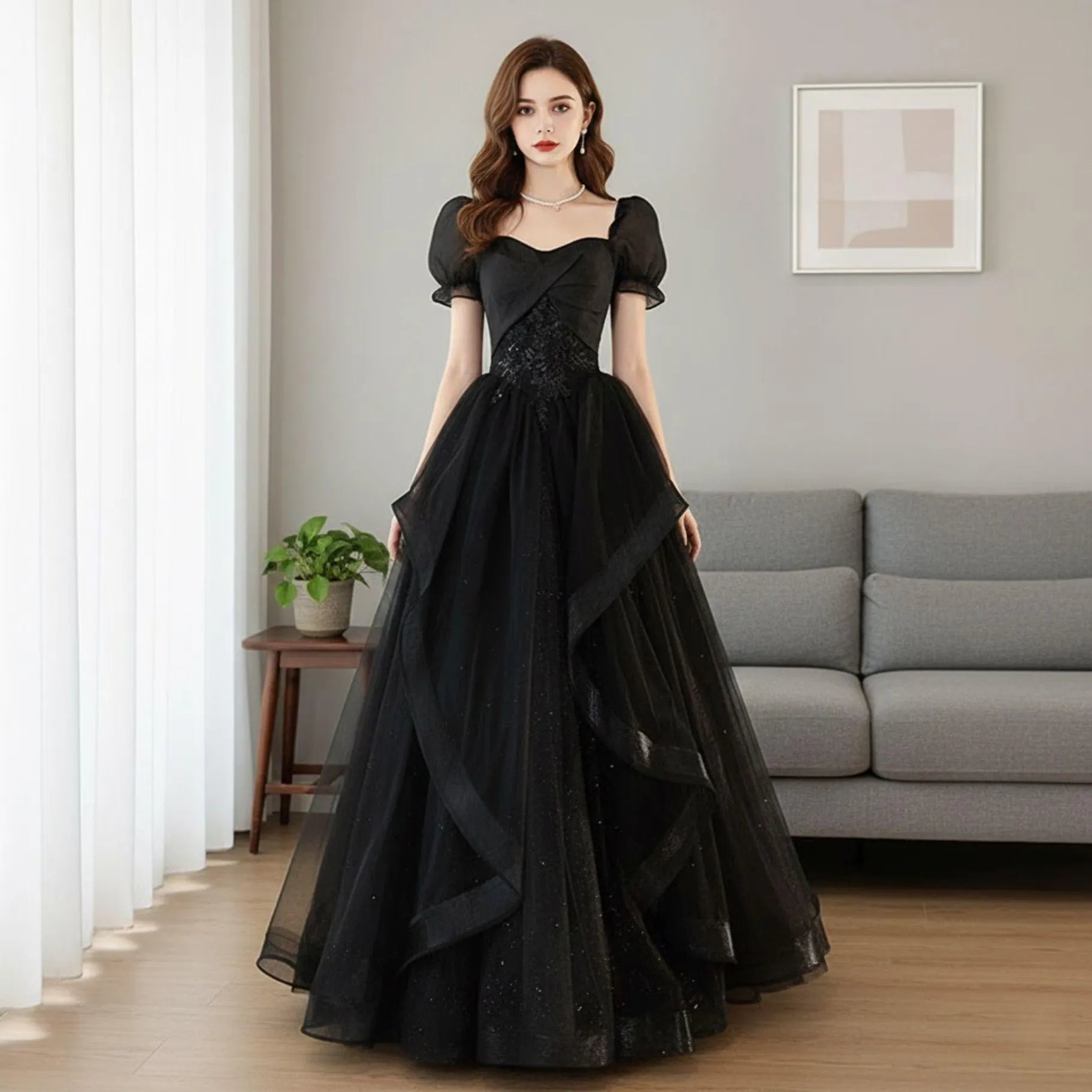 Elegant Ball Gown Sweetheart Puff Sleeve Lace Applique Tulle Black Floor-Length Prom Dress