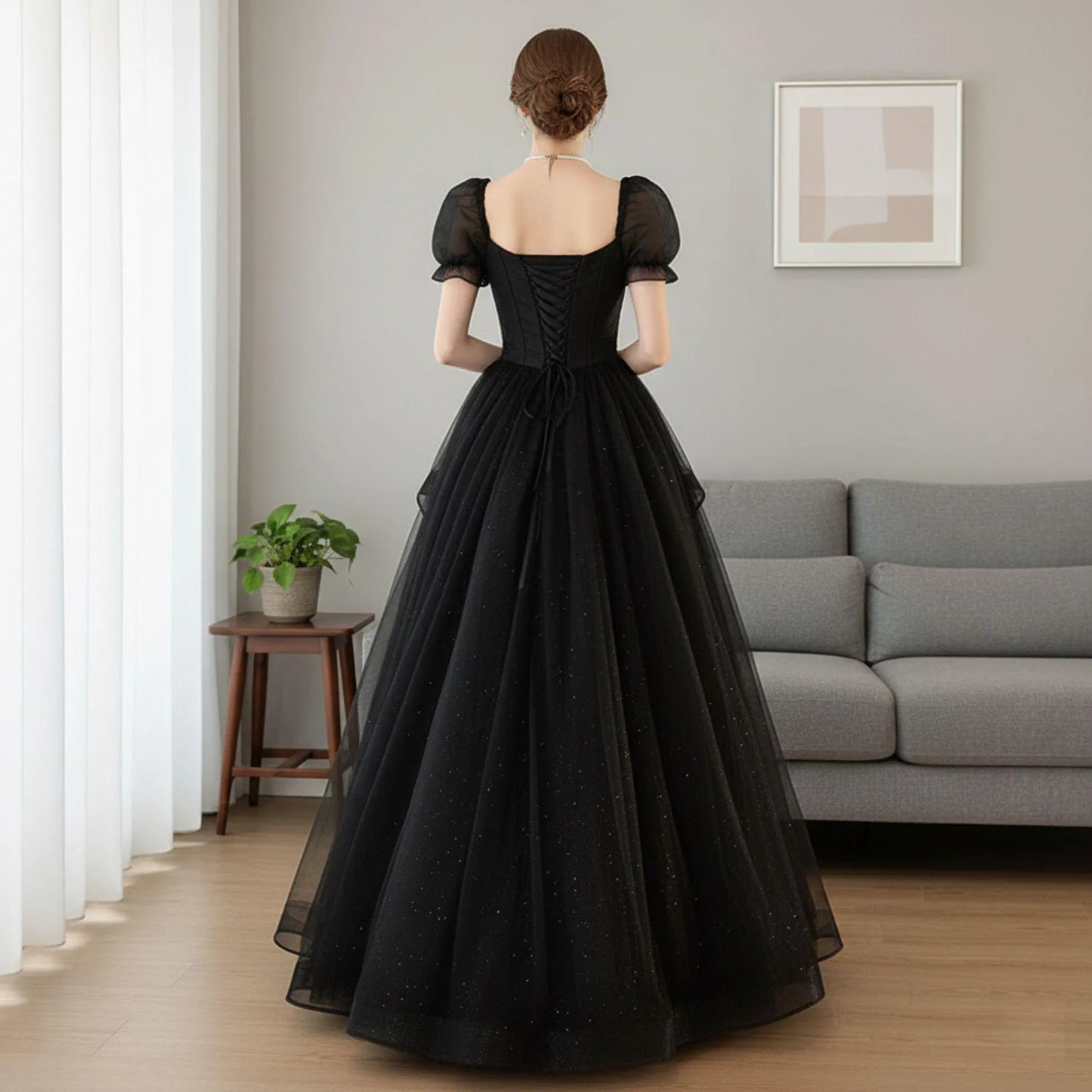 Elegant Ball Gown Sweetheart Puff Sleeve Lace Applique Tulle Black Floor-Length Prom Dress