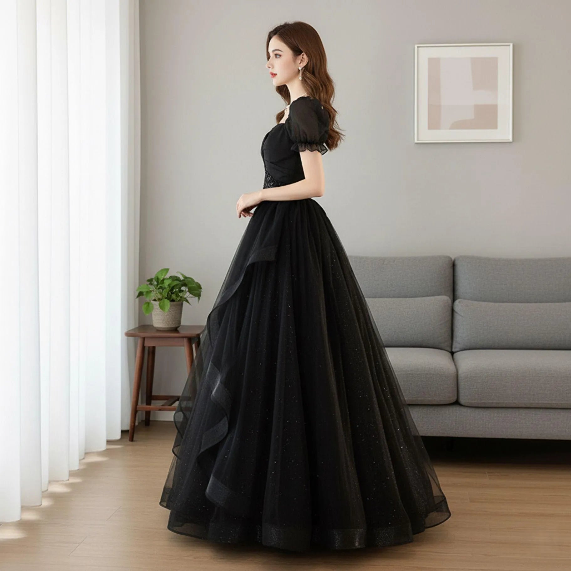 Elegant Ball Gown Sweetheart Puff Sleeve Lace Applique Tulle Black Floor-Length Prom Dress
