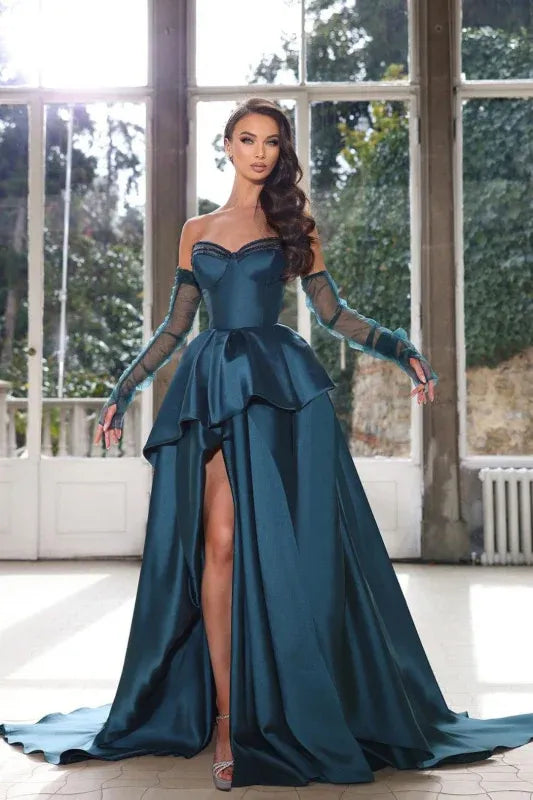 Elegant Ball Gown Sweetheart Sheer Sleeve Peplum Teal Train Prom Dress For Women Buy