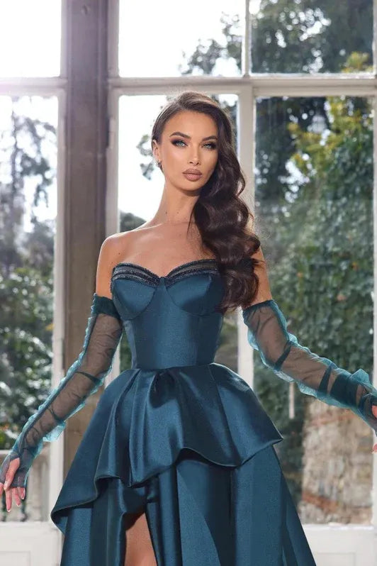 Elegant Ball Gown Sweetheart Sheer Sleeve Peplum Teal Train Prom Dress For Women Buy