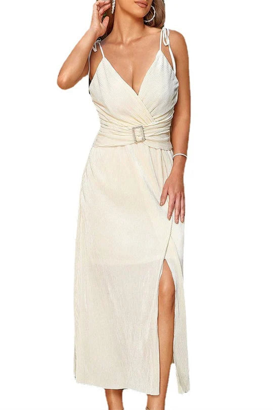 Elegant Beige V Neck Surplice Spaghetti Straps Belted Ankle Length Party Dress With Slit