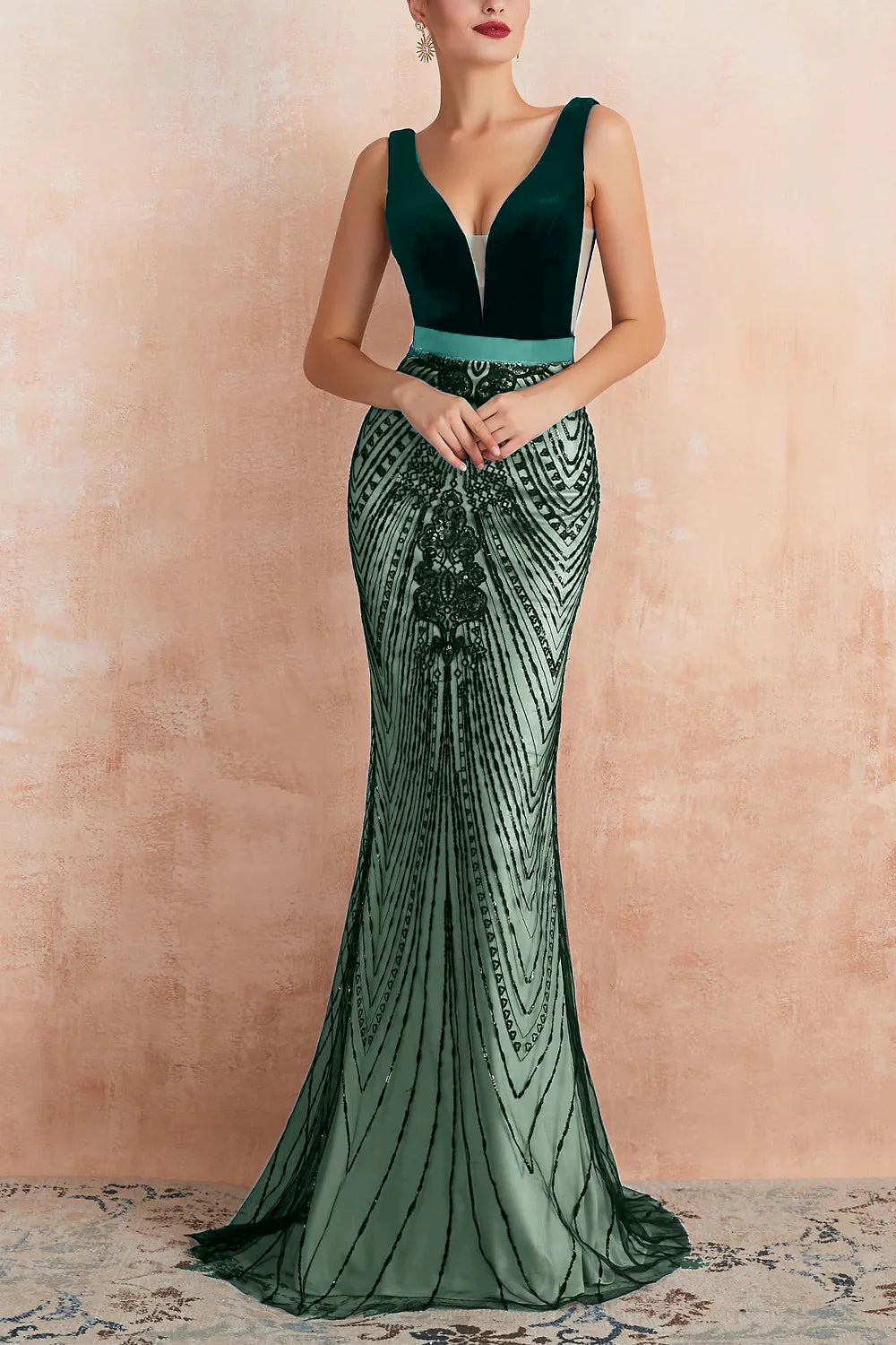Elegant Black Deep V Neck Open Back Mermaid Floor Length Long Prom Dress Party Dress