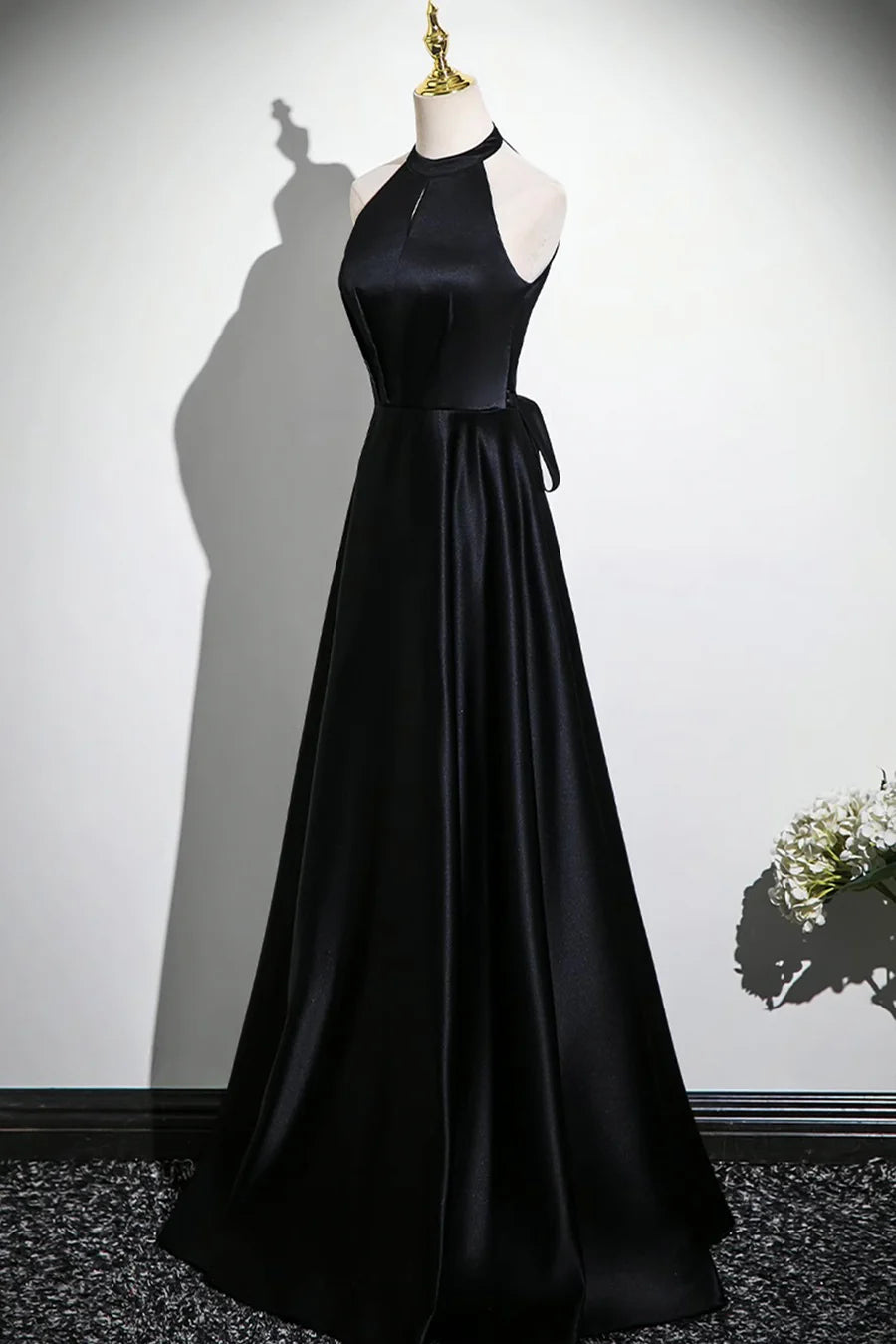 Elegant Black Satin Halter Floor length Long Prom Dress A-Line Evening Dress Party Dress