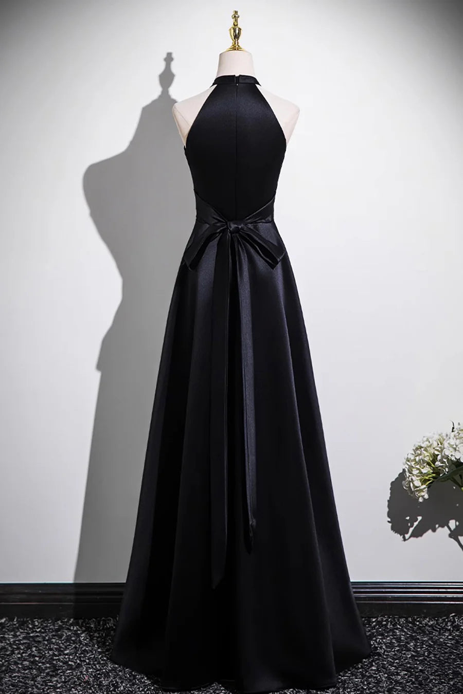 Elegant Black Satin Halter Floor length Long Prom Dress A-Line Evening Dress Party Dress