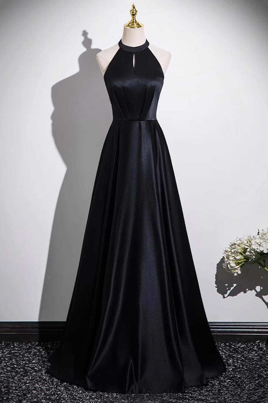 Elegant Black Satin Halter Floor length Long Prom Dress A-Line Evening Dress Party Dress