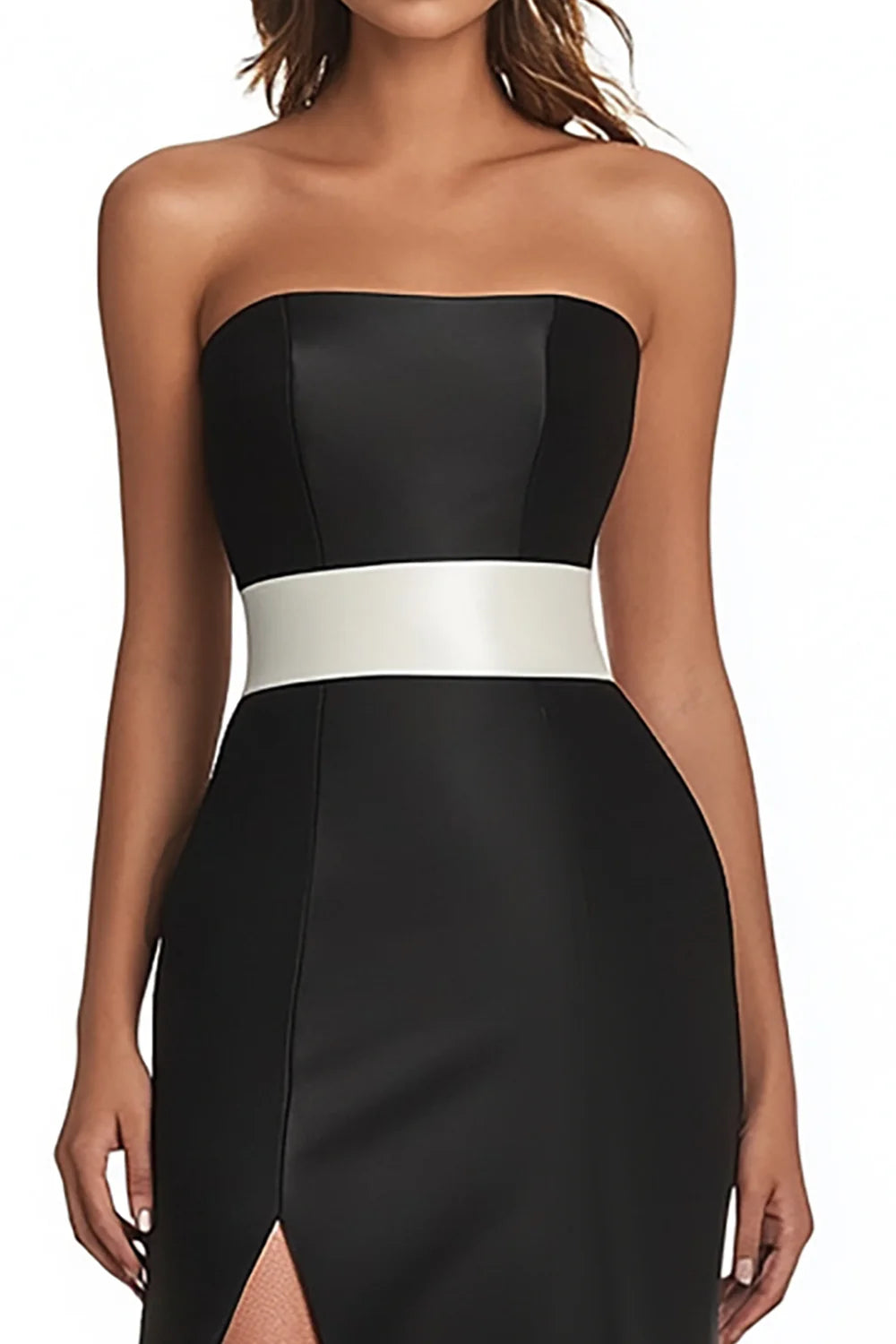 Elegant Black Satin Sleeveless Mermaid Strapless Long Prom Dress Evening Dress With Slit