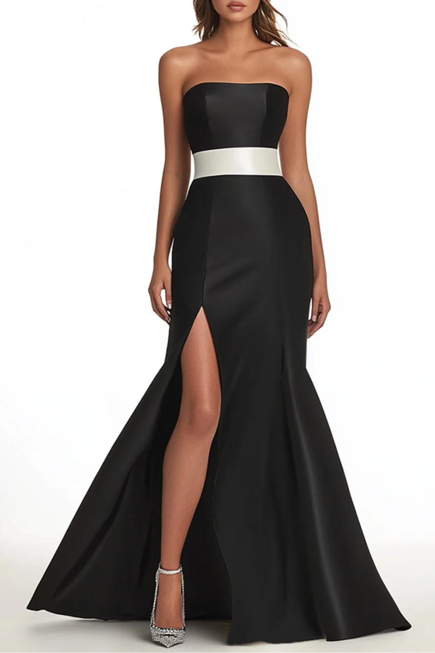 Elegant Black Satin Sleeveless Mermaid Strapless Long Prom Dress Evening Dress With Slit