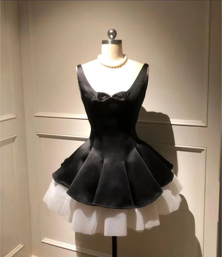 Elegant Black Satin Tulle A Line Zipper Short Prom Dress Birthday Party Dress Homecoming Dress