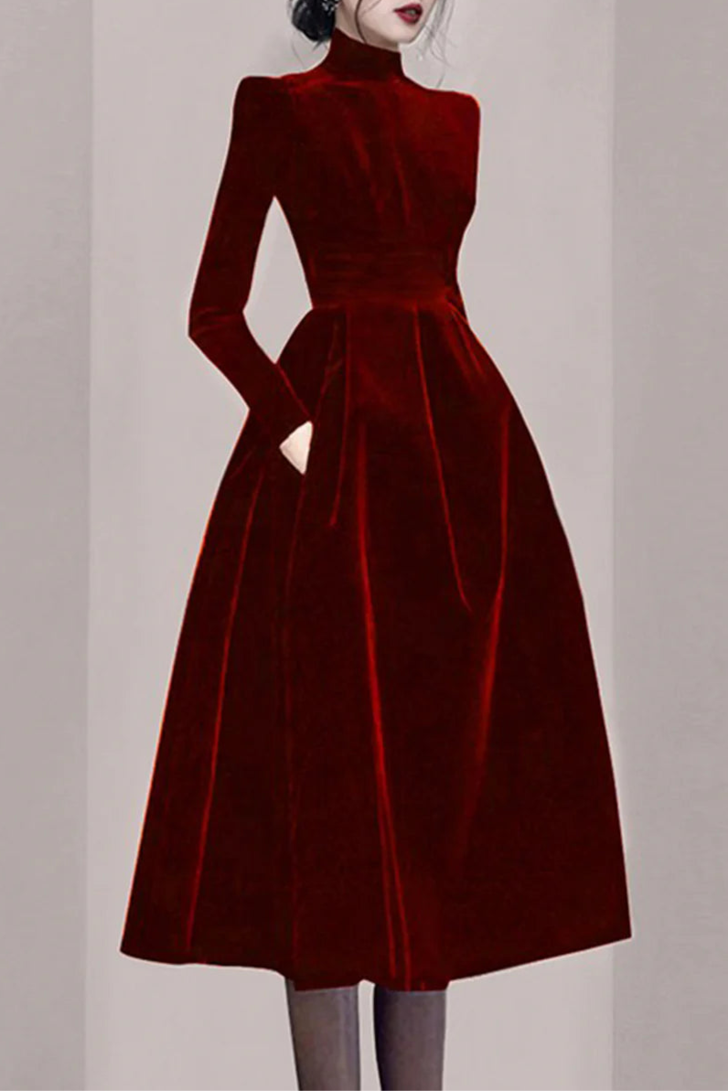 Elegant Black Velvet High Neck  Long Sleeve A-Line Prom Dresses Homecoming Party Dresses