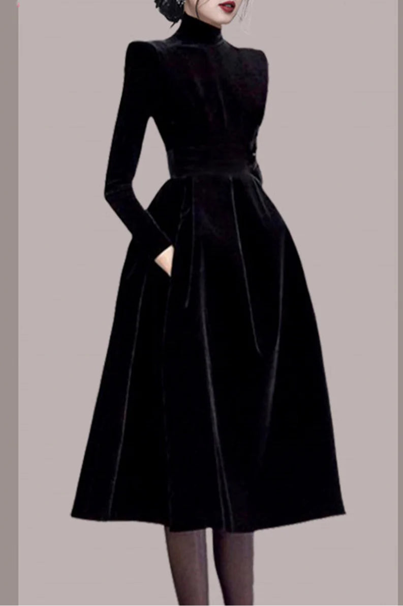 Elegant Black Velvet High Neck  Long Sleeve A-Line Prom Dresses Homecoming Party Dresses