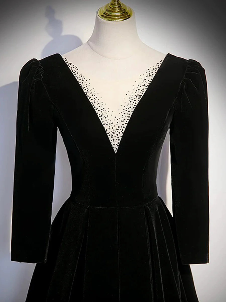 Elegant Black Velvet Sequins V Neck Long Prom Dress Long Sleeve A-line Floor length Evening Party Dress