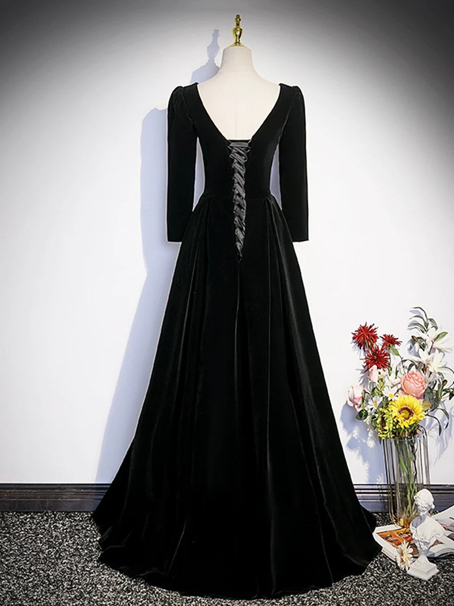 Elegant Black Velvet Sequins V Neck Long Prom Dress Long Sleeve A-line Floor length Evening Party Dress