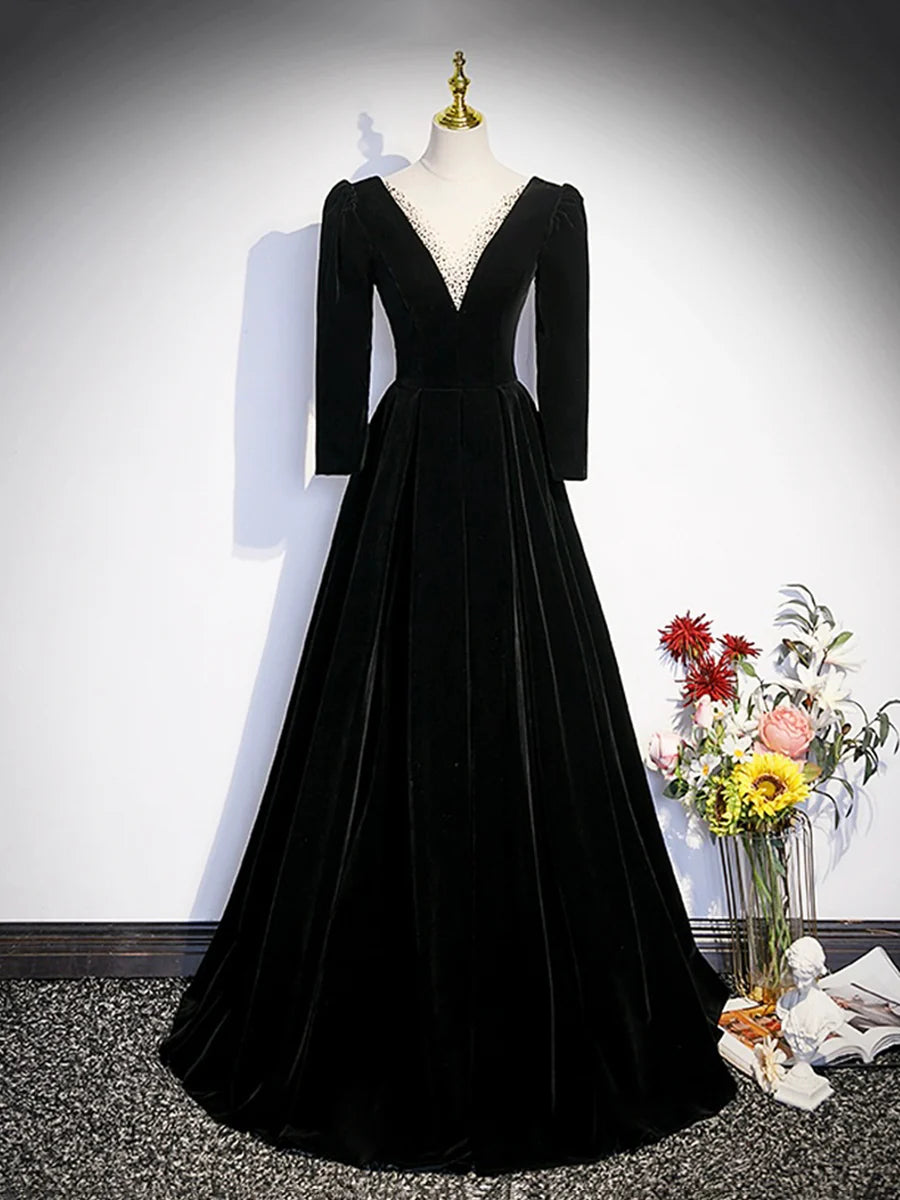 Elegant Black Velvet Sequins V Neck Long Prom Dress Long Sleeve A-line Floor length Evening Party Dress