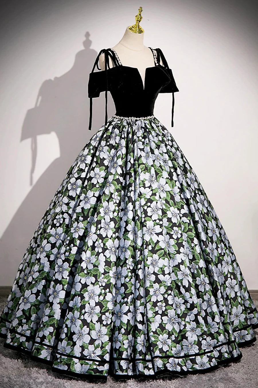 Elegant Black Velvet and Floral Pattern V Neck A-Line Long Prom Dress Party Dress