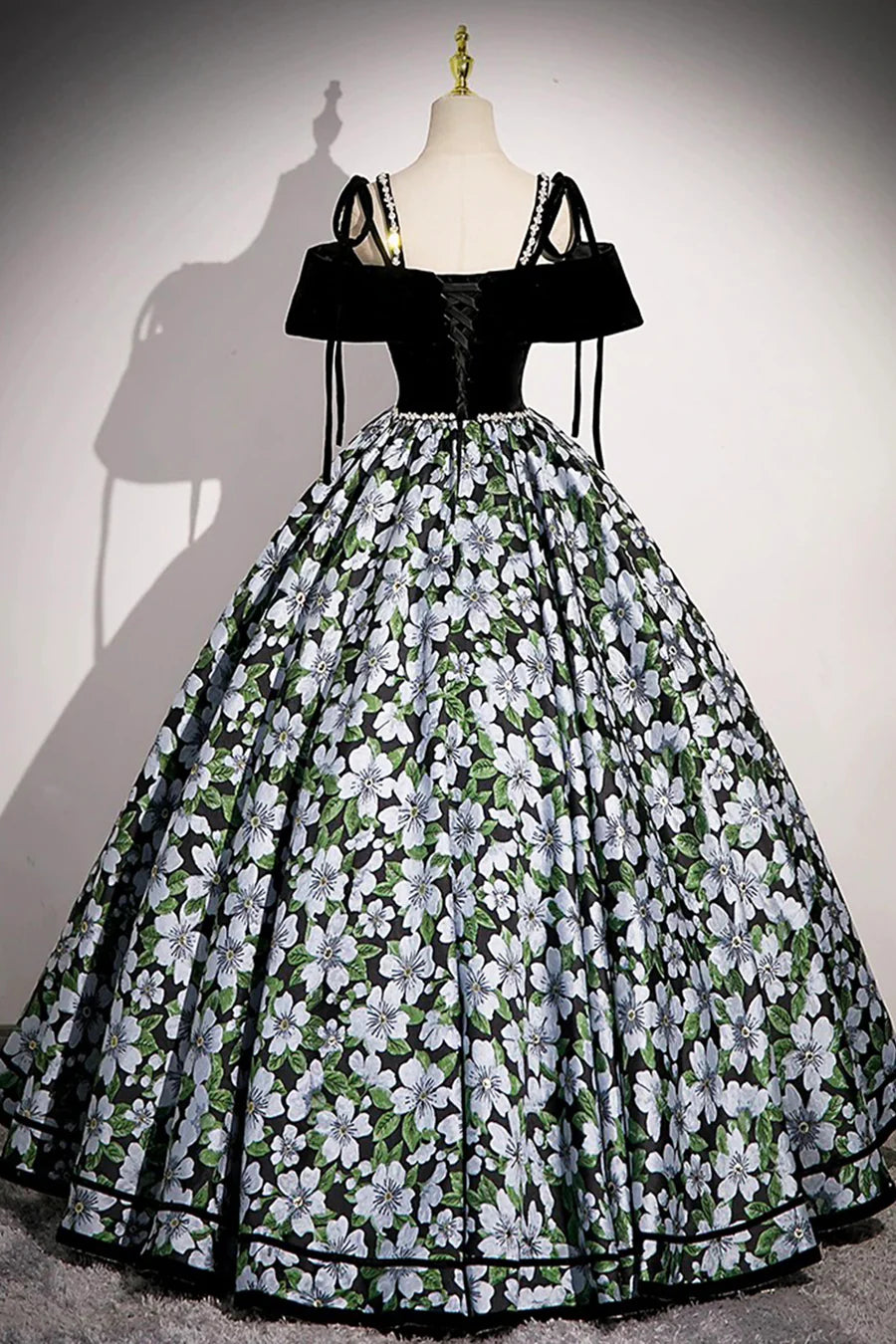 Elegant Black Velvet and Floral Pattern V Neck A-Line Long Prom Dress Party Dress